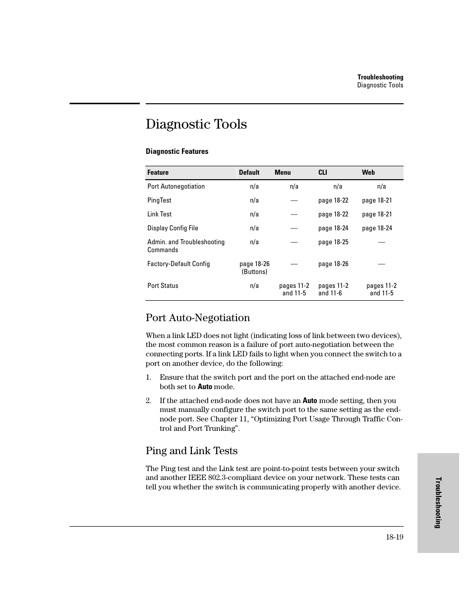 Diagnostic tools, Port auto-negotiation, Ping and link tests | Port auto-negotiation -19, Ping and link tests -19 | IronPort Systems 4108GL User Manual | Page 431 / 483