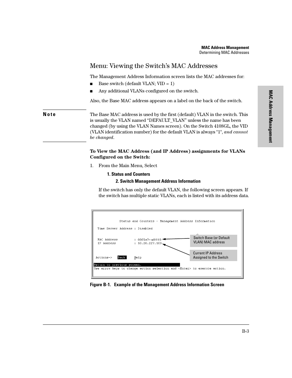 Menu: viewing the switch’s mac addresses | IronPort Systems 4108GL User Manual | Page 463 / 483