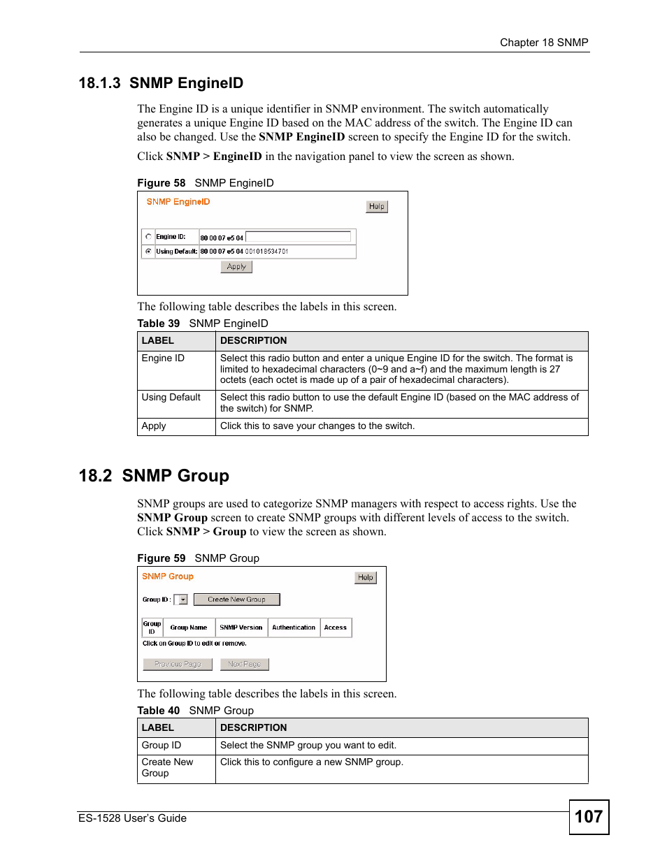 3 snmp engineid, 2 snmp group, Figure 58 snmp engineid figure 59 snmp group | Table 39 snmp engineid table 40 snmp group | IronPort Systems ES-1528 User Manual | Page 107 / 170