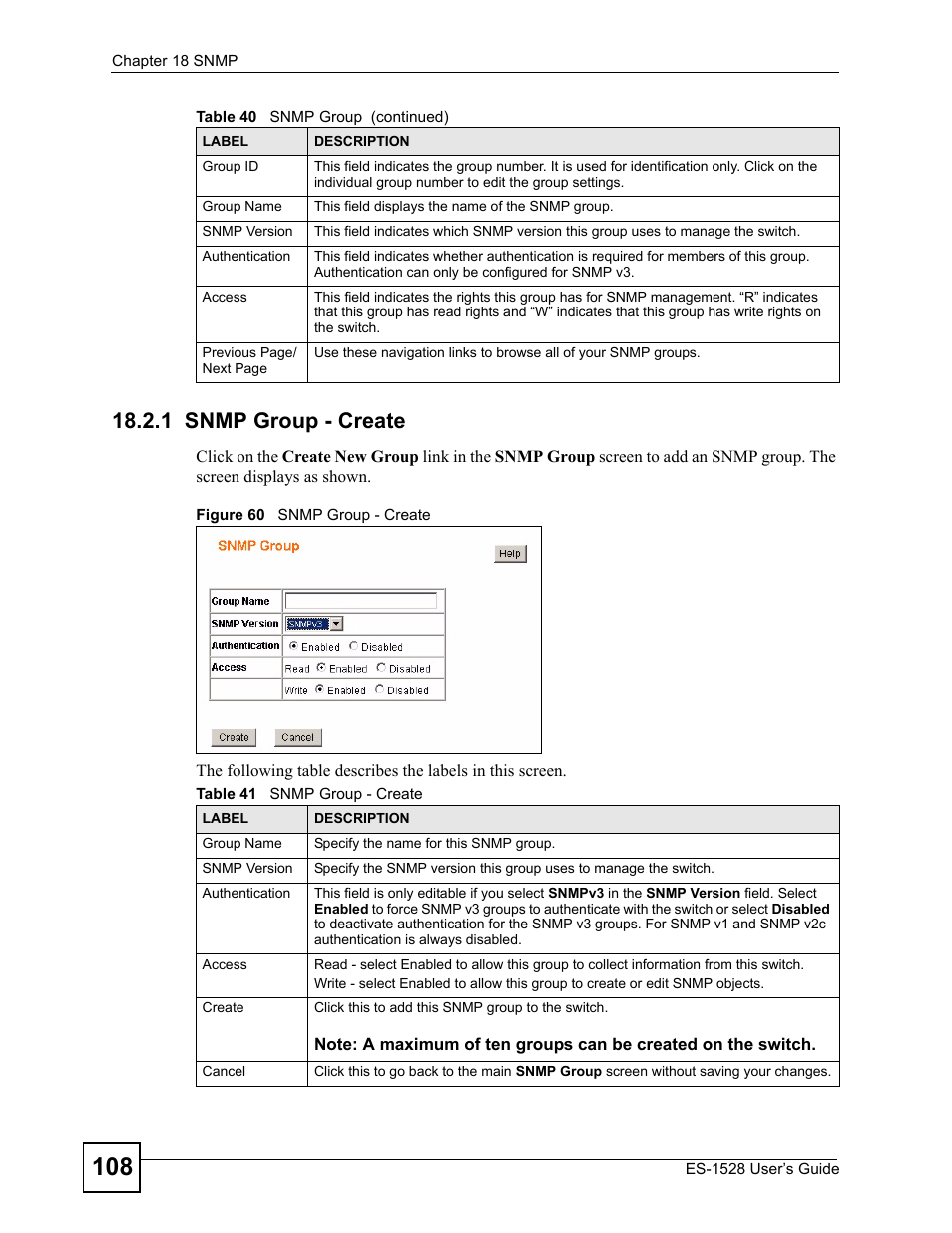 1 snmp group - create, Figure 60 snmp group - create, Table 41 snmp group - create | IronPort Systems ES-1528 User Manual | Page 108 / 170