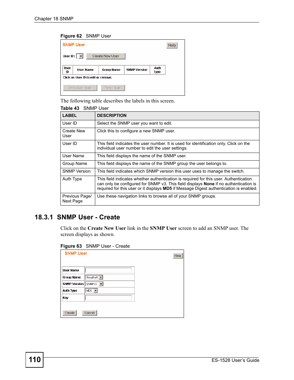 1 snmp user - create, Figure 62 snmp user figure 63 snmp user - create, Table 43 snmp user | IronPort Systems ES-1528 User Manual | Page 110 / 170