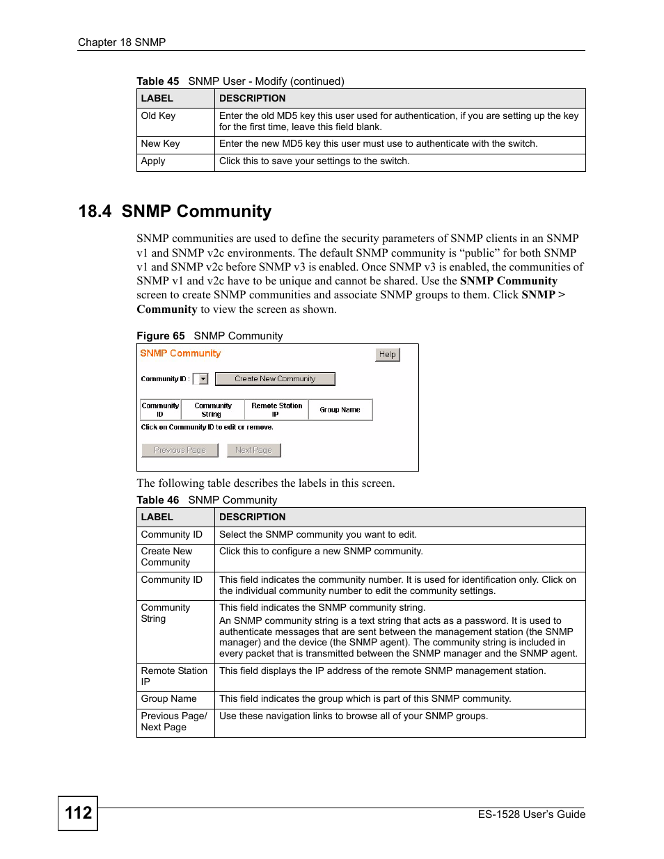 4 snmp community, Figure 65 snmp community, Table 46 snmp community | IronPort Systems ES-1528 User Manual | Page 112 / 170