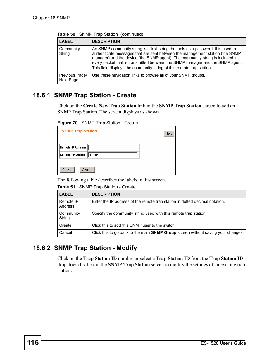 1 snmp trap station - create, 2 snmp trap station - modify, Figure 70 snmp trap station - create | Table 51 snmp trap station - create | IronPort Systems ES-1528 User Manual | Page 116 / 170