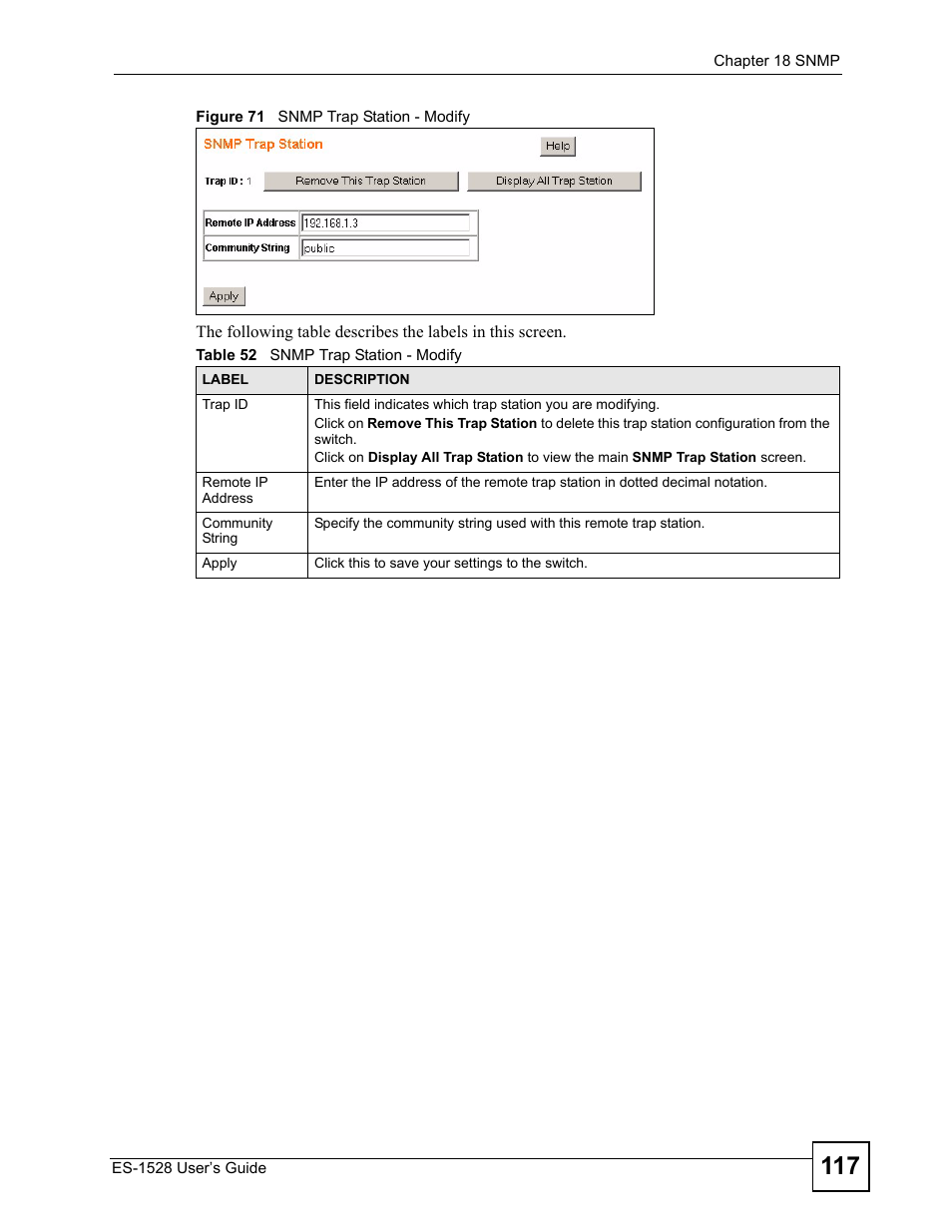 Figure 71 snmp trap station - modify, Table 52 snmp trap station - modify | IronPort Systems ES-1528 User Manual | Page 117 / 170