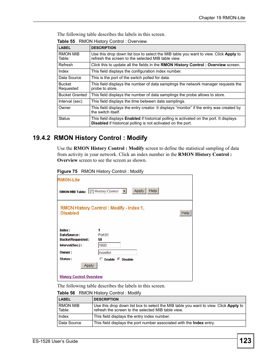 2 rmon history control : modify, Figure 75 rmon history control : modify | IronPort Systems ES-1528 User Manual | Page 123 / 170