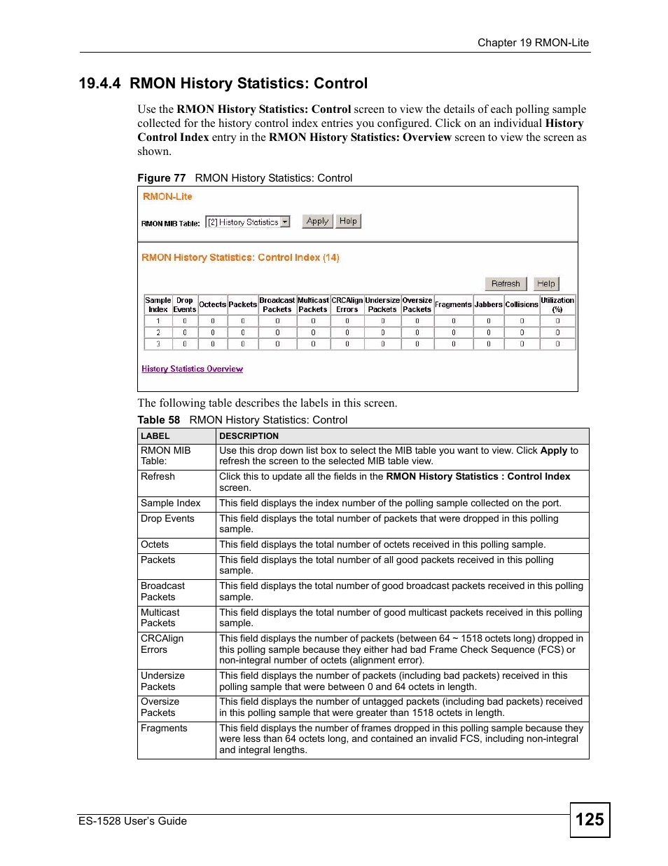 4 rmon history statistics: control, Figure 77 rmon history statistics: control, Table 58 rmon history statistics: control | IronPort Systems ES-1528 User Manual | Page 125 / 170