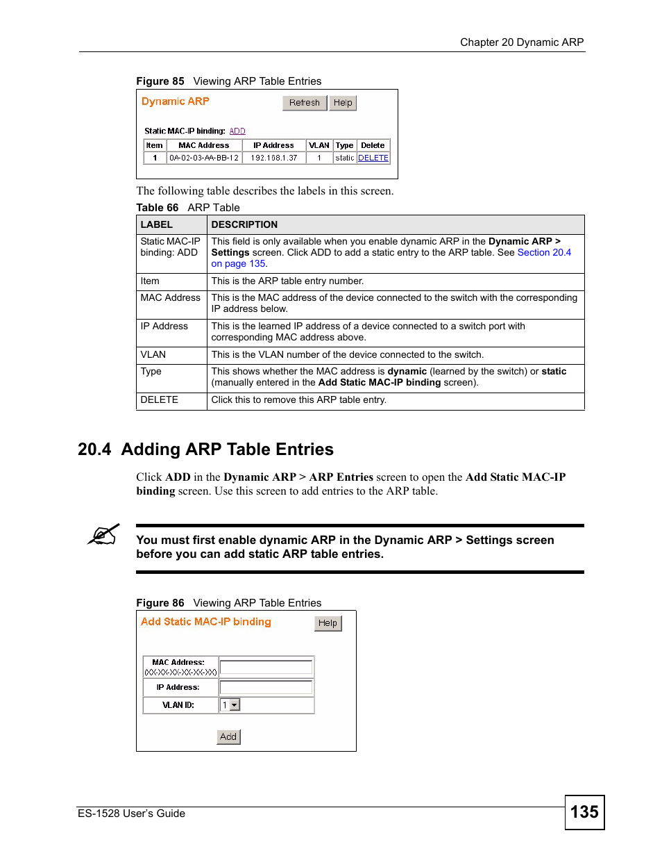 4 adding arp table entries, Table 66 arp table | IronPort Systems ES-1528 User Manual | Page 135 / 170