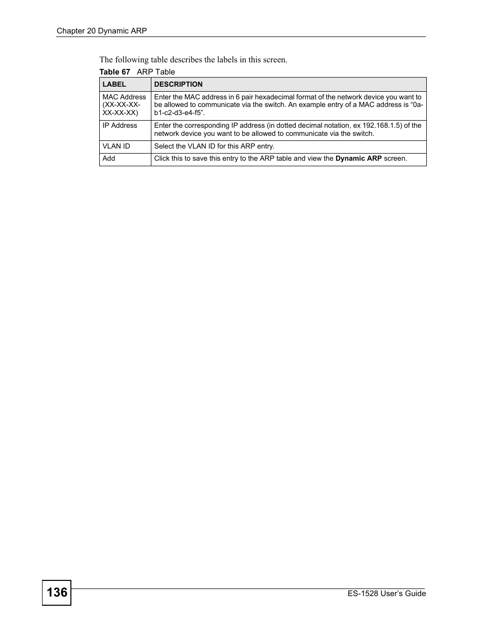 Table 67 arp table | IronPort Systems ES-1528 User Manual | Page 136 / 170