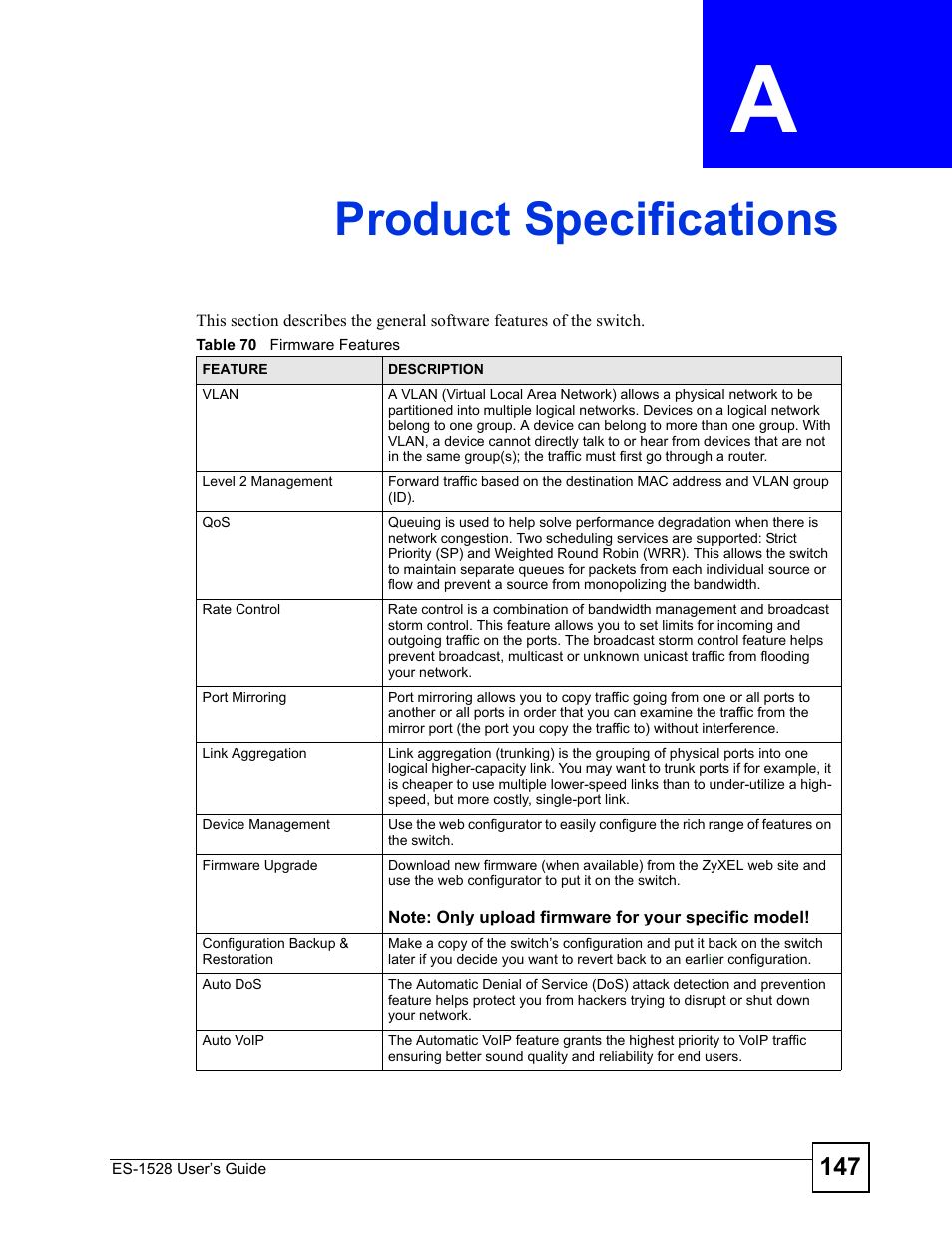 Product specifications, Appendix a product specifications, Table 70 firmware features | Product specifications (147) | IronPort Systems ES-1528 User Manual | Page 147 / 170