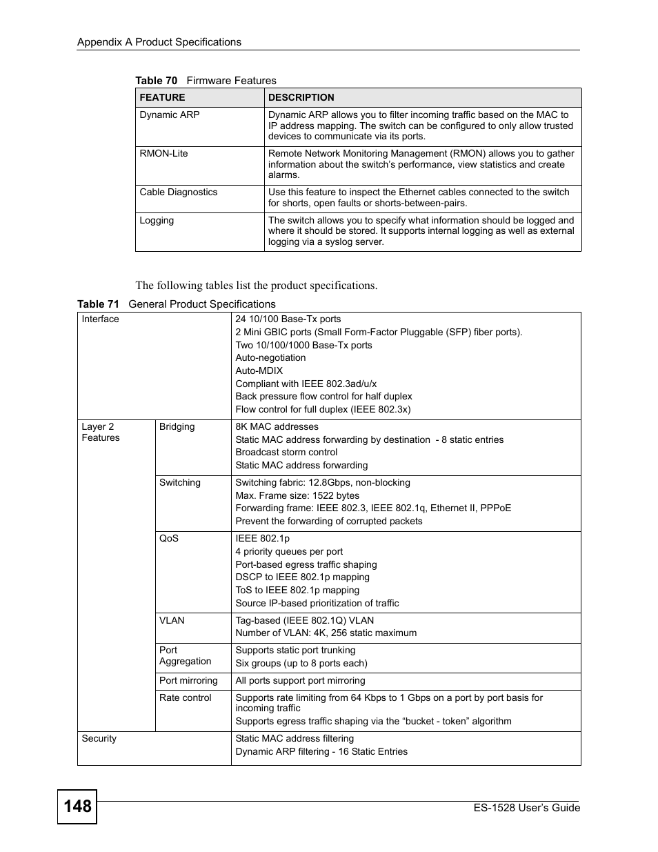 Table 71 general product specifications | IronPort Systems ES-1528 User Manual | Page 148 / 170