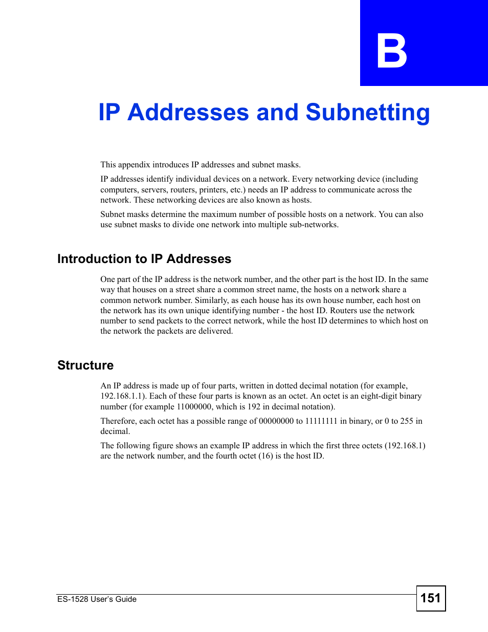 Ip addresses and subnetting, Appendix b ip addresses and subnetting | IronPort Systems ES-1528 User Manual | Page 151 / 170