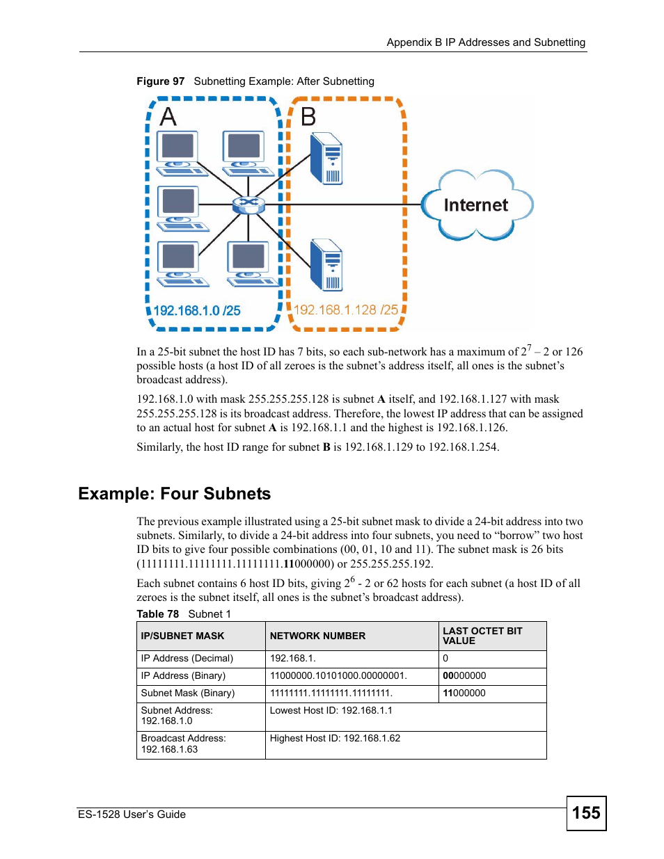 Figure 97 subnetting example: after subnetting, Table 78 subnet 1, Example: four subnets | IronPort Systems ES-1528 User Manual | Page 155 / 170