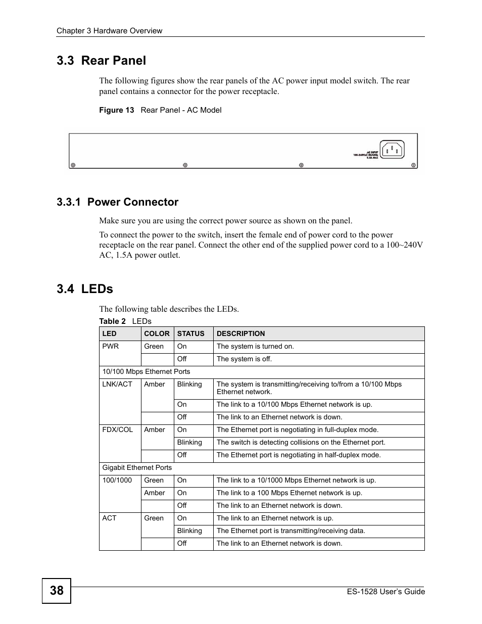 3 rear panel, 1 power connector, 4 leds | Figure 13 rear panel - ac model, Table 2 leds, 38 3.3 rear panel | IronPort Systems ES-1528 User Manual | Page 38 / 170