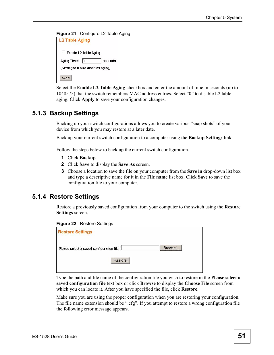 3 backup settings, 4 restore settings, 3 backup settings 5.1.4 restore settings | Section 5.1.3 on, Section 5.1.4 | IronPort Systems ES-1528 User Manual | Page 51 / 170