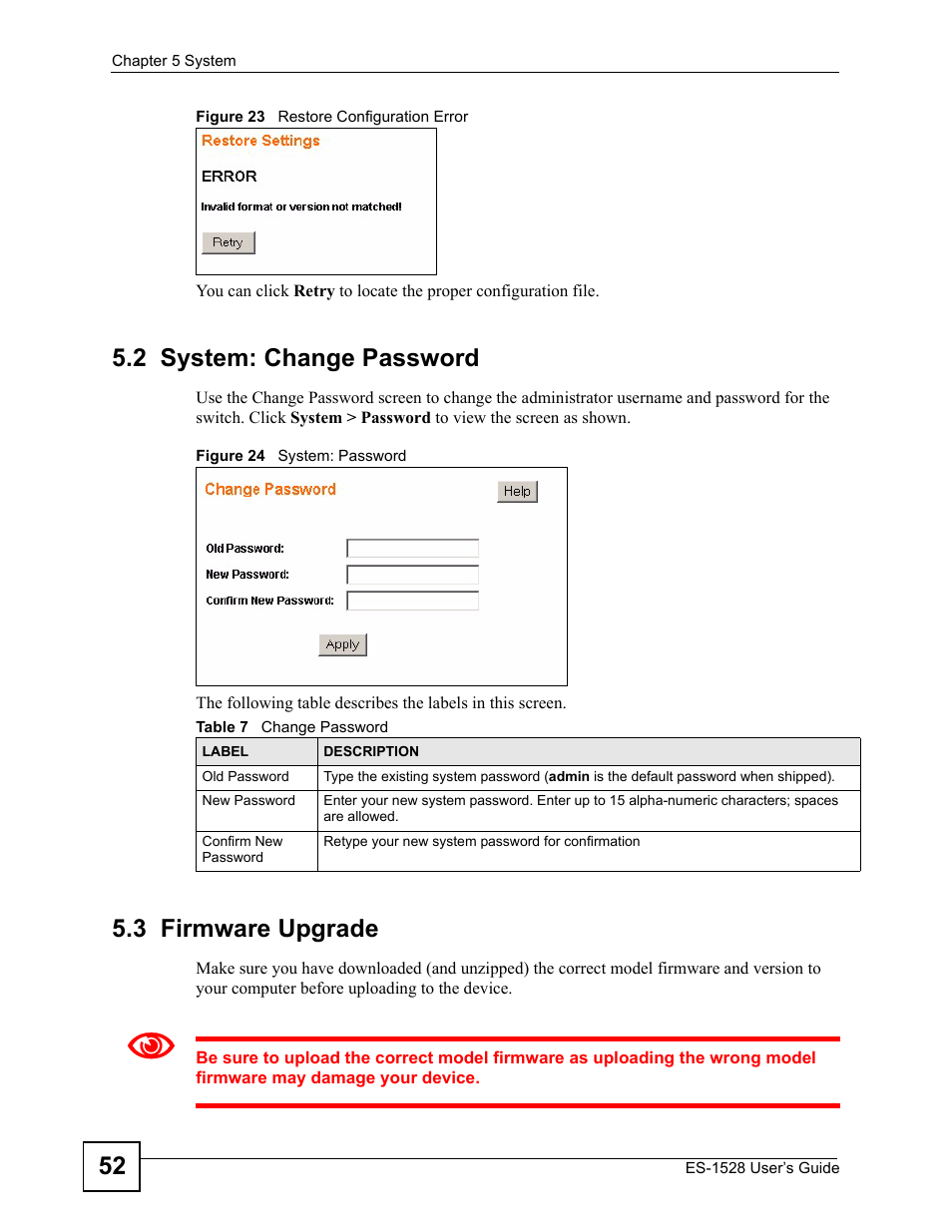 2 system: change password, 3 firmware upgrade, 2 system: change password 5.3 firmware upgrade | Table 7 change password | IronPort Systems ES-1528 User Manual | Page 52 / 170