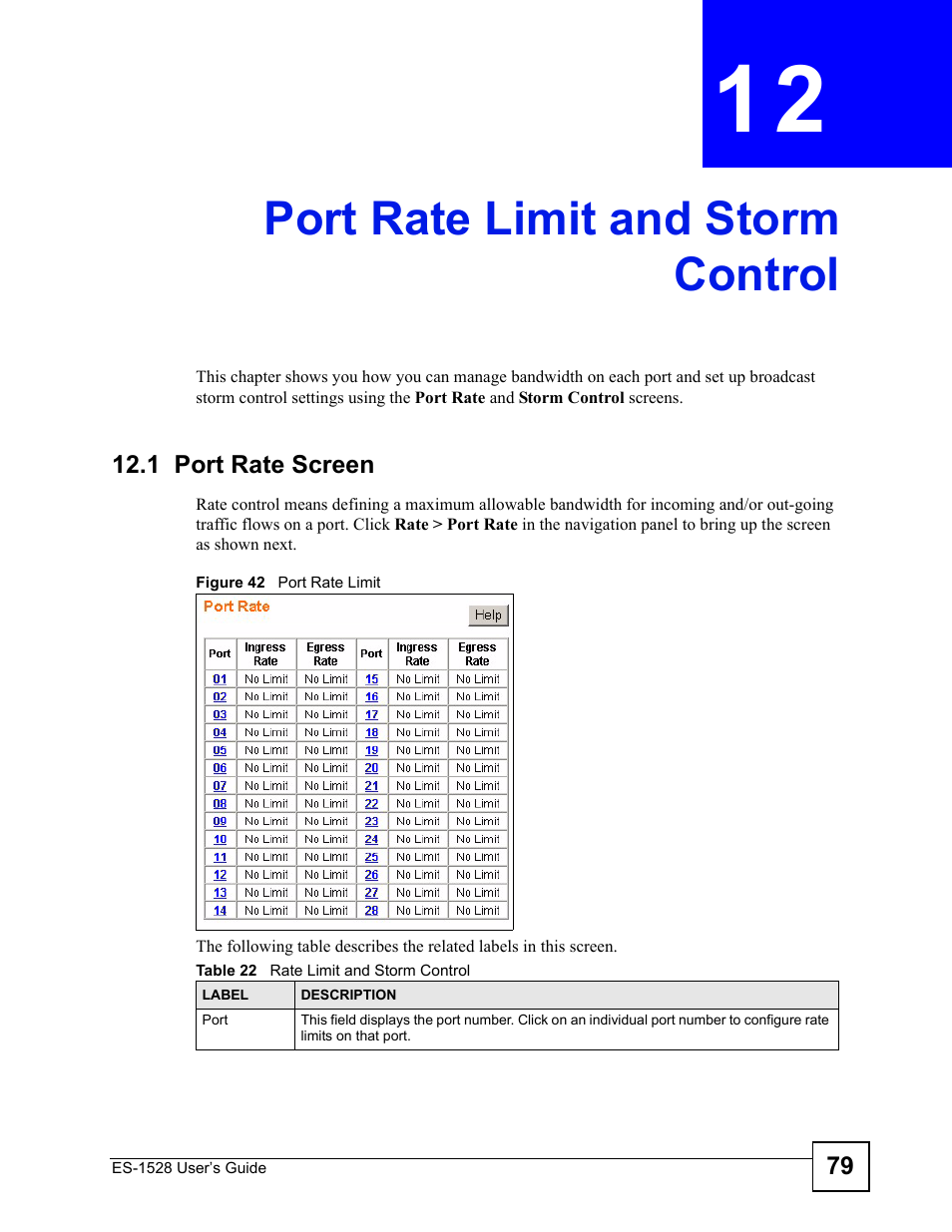 Port rate limit and storm control, 1 port rate screen, Chapter 12 port rate limit and storm control | Figure 42 port rate limit, Table 22 rate limit and storm control, Port rate limit and storm control (79) | IronPort Systems ES-1528 User Manual | Page 79 / 170