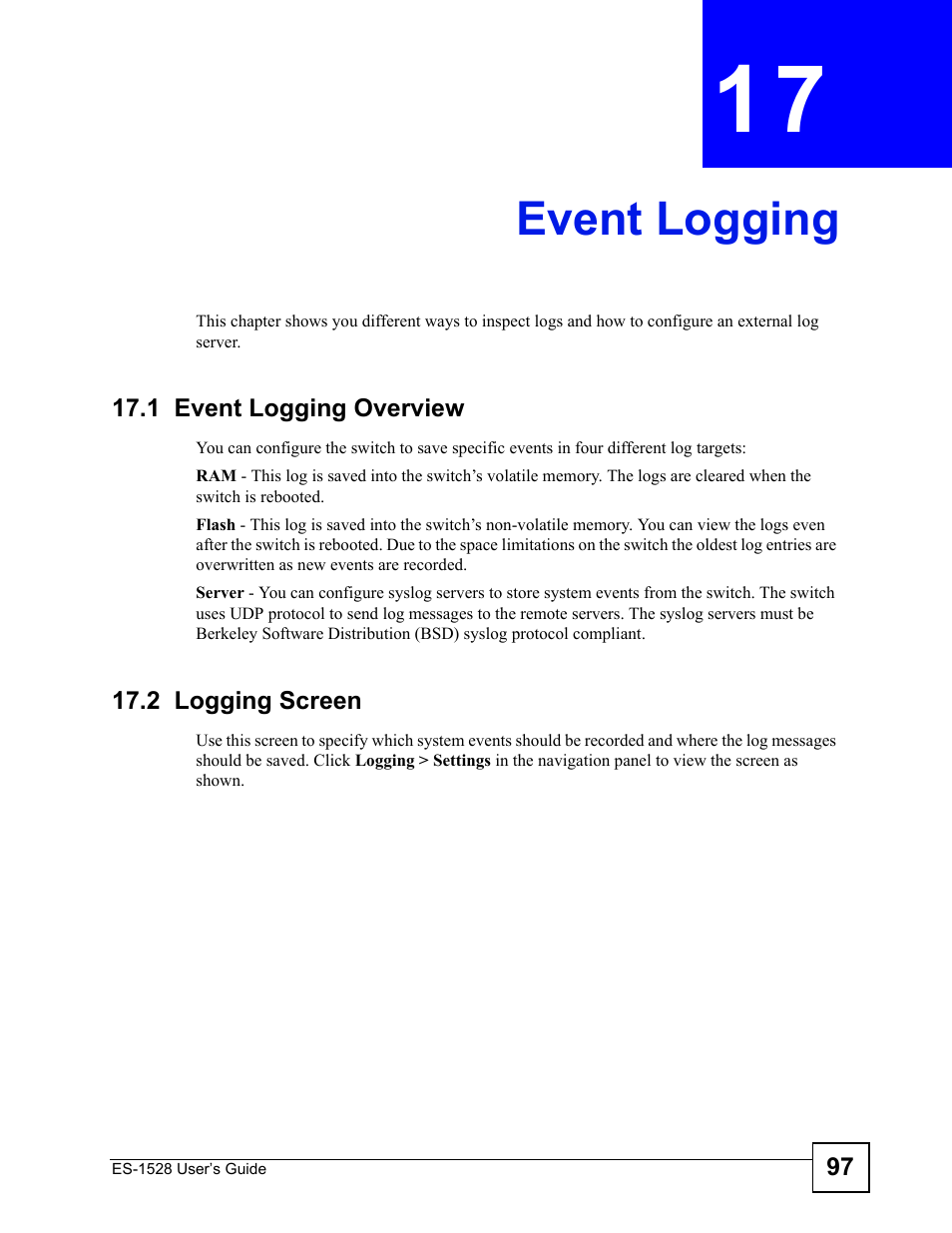 Event logging, 1 event logging overview, 2 logging screen | Chapter 17 event logging, 1 event logging overview 17.2 logging screen, Event logging (97) | IronPort Systems ES-1528 User Manual | Page 97 / 170