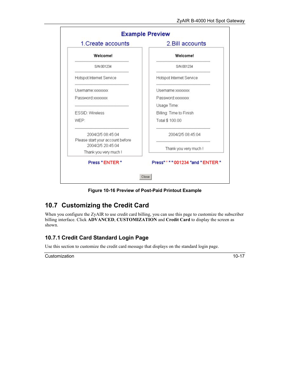 Customizing the credit card, 7 customizing the credit card | IronPort Systems ZyAIR B-4000 User Manual | Page 109 / 256