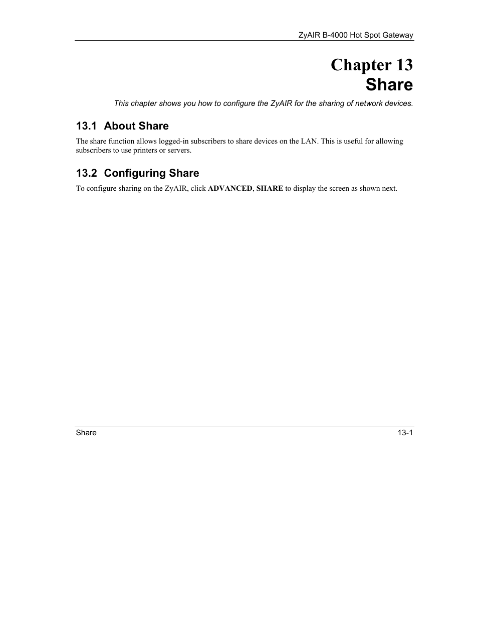 Share, About share, Configuring share | Chapter 13 share | IronPort Systems ZyAIR B-4000 User Manual | Page 127 / 256
