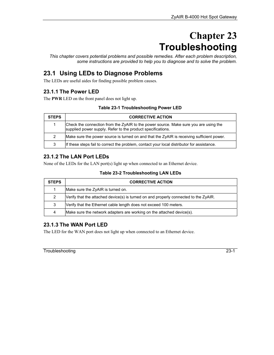 Troubleshooting, Using leds to diagnose problems, Chapter 23 troubleshooting | 1 using leds to diagnose problems | IronPort Systems ZyAIR B-4000 User Manual | Page 205 / 256