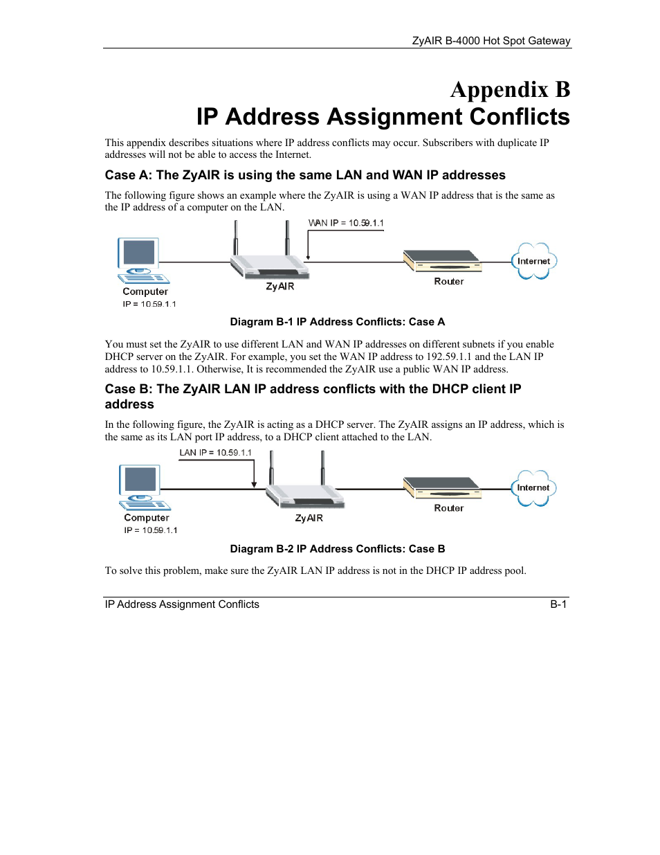 Ip address assignment conflicts, Appendix b ip address assignment conflicts | IronPort Systems ZyAIR B-4000 User Manual | Page 223 / 256
