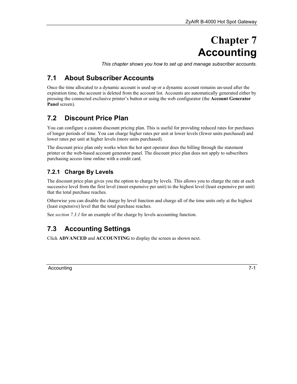 Accounting, About subscriber accounts, Discount price plan | Accounting settings, Chapter 7 accounting | IronPort Systems ZyAIR B-4000 User Manual | Page 67 / 256