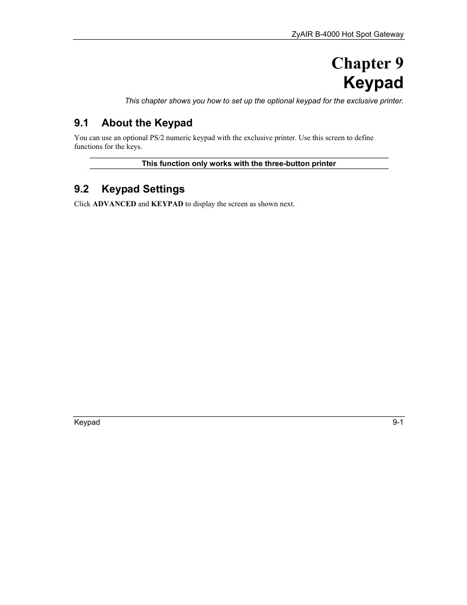Keypad, About the keypad, Keypad settings | Chapter 9 keypad | IronPort Systems ZyAIR B-4000 User Manual | Page 83 / 256