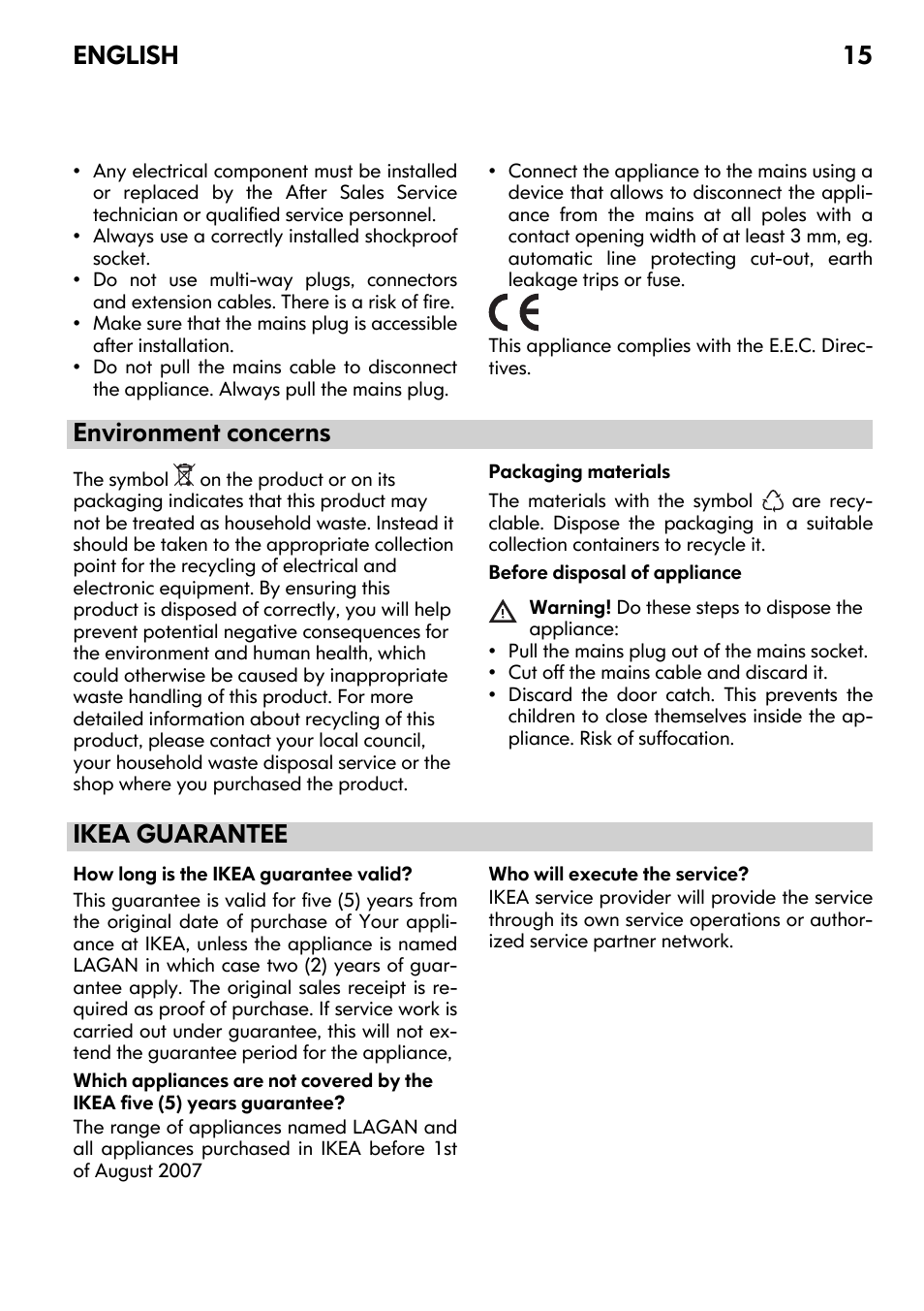 Environment concerns, Ikea guarantee, English 15 | IKEA FRAMTID OV9 User Manual | Page 15 / 20