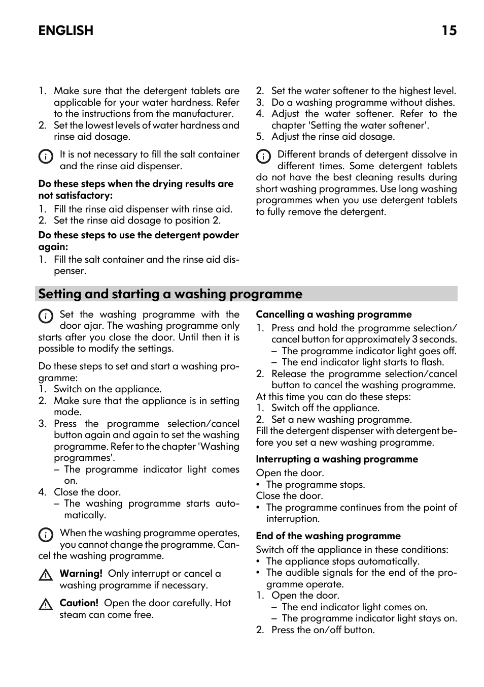 Setting and starting a washing programme, English 15 | IKEA DW60 User Manual | Page 15 / 28