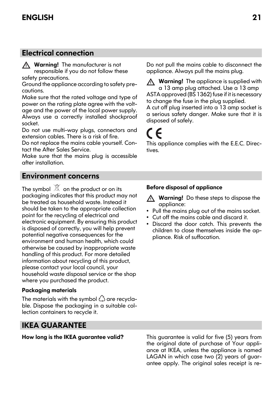 Electrical connection, Environment concerns, Ikea guarantee | English 21 | IKEA DW60 User Manual | Page 21 / 28