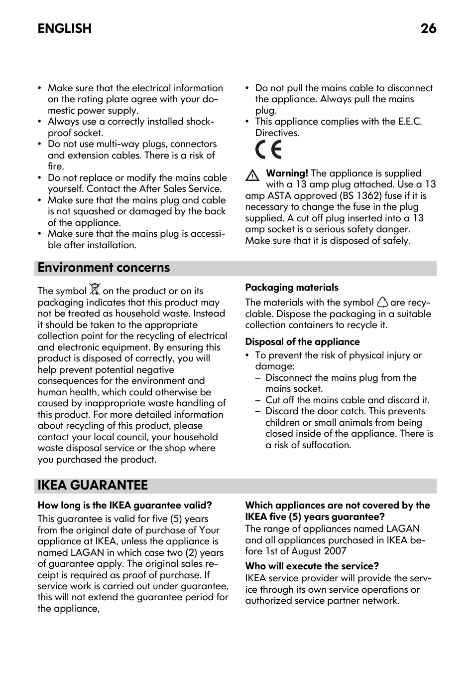 Environment concerns, Ikea guarantee, English 26 | IKEA FWM7 User Manual | Page 26 / 32