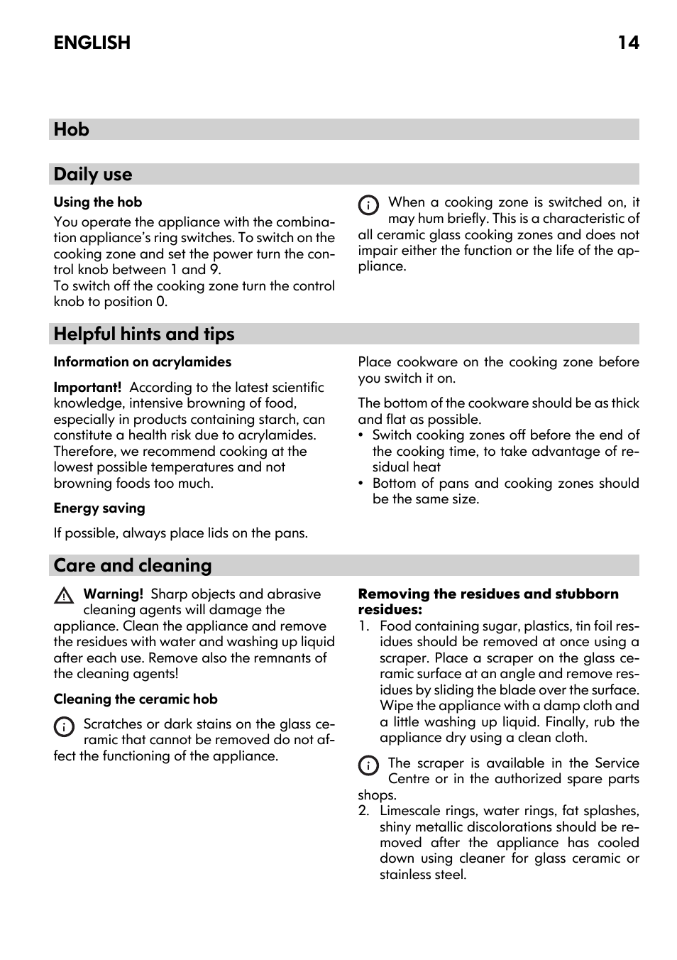 Hob daily use, Helpful hints and tips, Care and cleaning | English 14 | IKEA UDDEN CG3 User Manual | Page 14 / 20