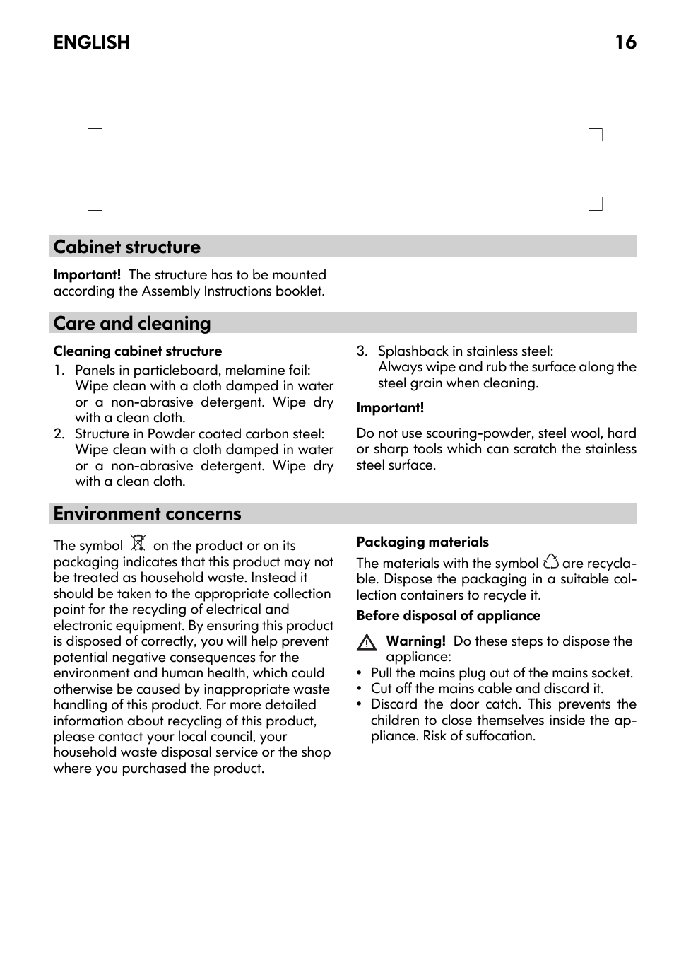 Cabinet structure, Care and cleaning, Environment concerns | English 16 | IKEA UDDEN CG3 User Manual | Page 16 / 20