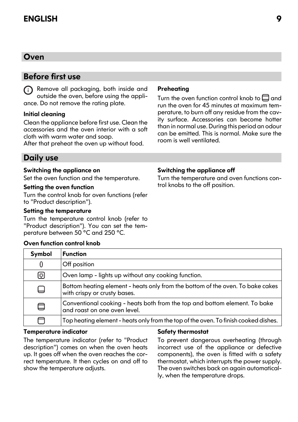Oven before first use, Daily use, English 9 | IKEA UDDEN CG3 User Manual | Page 9 / 20