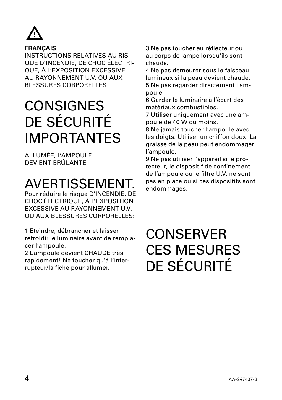Conserver ces mesures de sécurité, Consignes de sécurité importantes, Avertissement | IKEA ANTIFONI AA-297407-3 User Manual | Page 4 / 12
