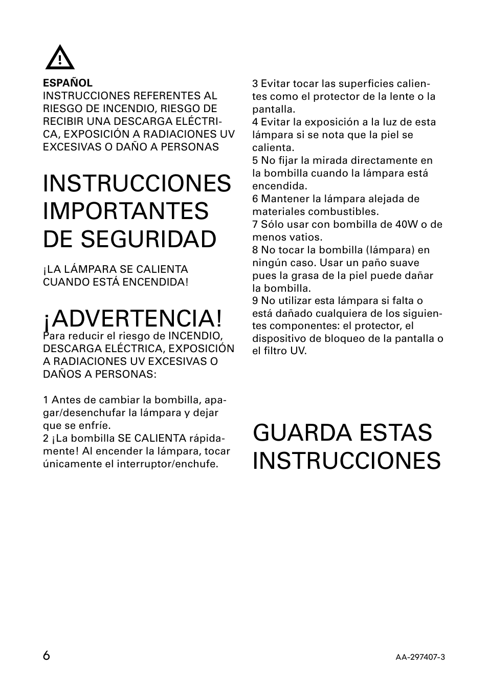 Guarda estas instrucciones, Instrucciones importantes de seguridad, Advertencia | IKEA ANTIFONI AA-297407-3 User Manual | Page 6 / 12