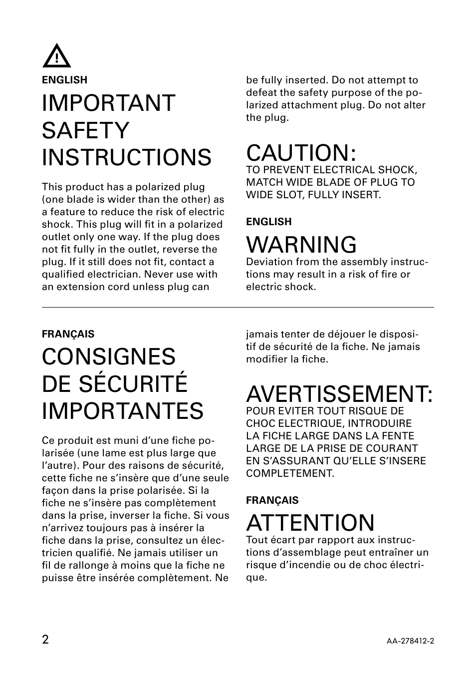 Warning, Important safety instructions, Caution | Consignes de sécurité importantes, Avertissement, Attention | IKEA JANUARI AA-278412-2 User Manual | Page 2 / 8
