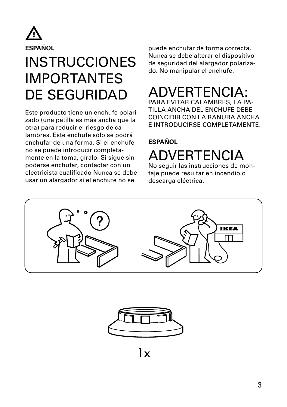 Advertencia, Instrucciones importantes de seguridad | IKEA JANUARI AA-278412-2 User Manual | Page 3 / 8