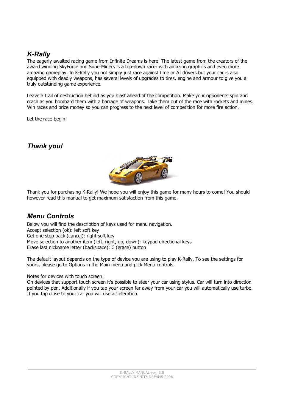 Thank you, Menu controls, K-rally | INFINITE DREAMS K-Rally User Manual | Page 2 / 7