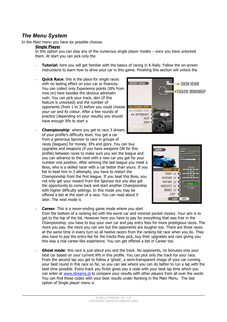 The menu system | INFINITE DREAMS K-Rally User Manual | Page 4 / 7