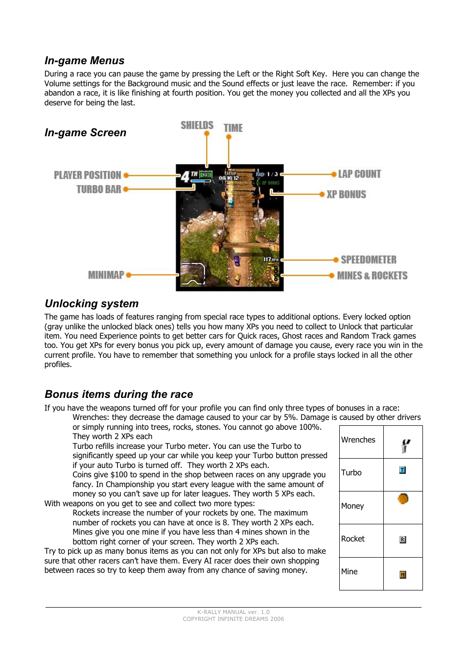 In-game menus, In-game screen, Unlocking system | Bonus items during the race, In-game screen unlocking system | INFINITE DREAMS K-Rally User Manual | Page 6 / 7