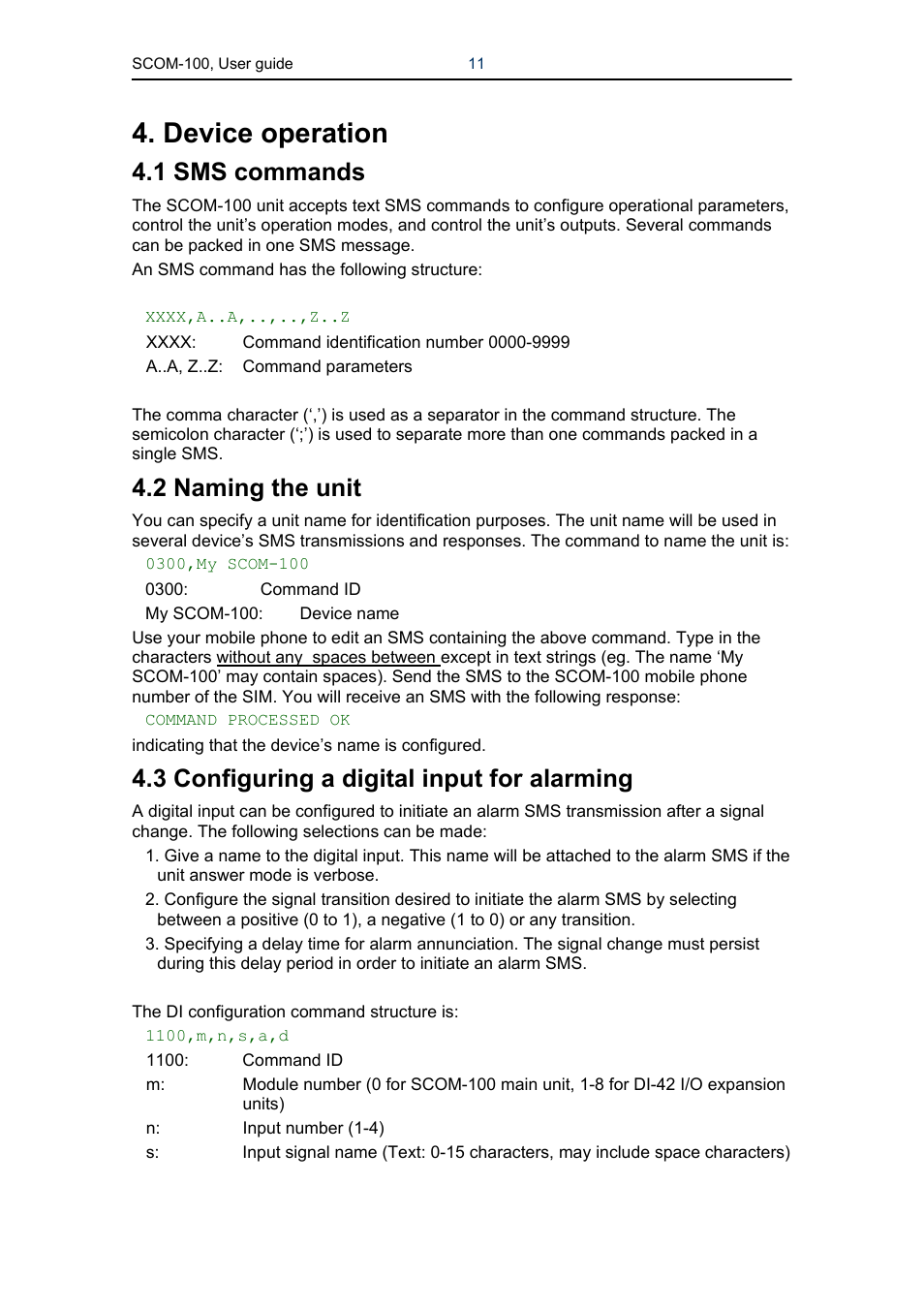 Device operation, 1 sms commands, 2 naming the unit | 3 configuring a digital input for alarming | Infinite Peripherals SCOM-100 User Manual | Page 11 / 40