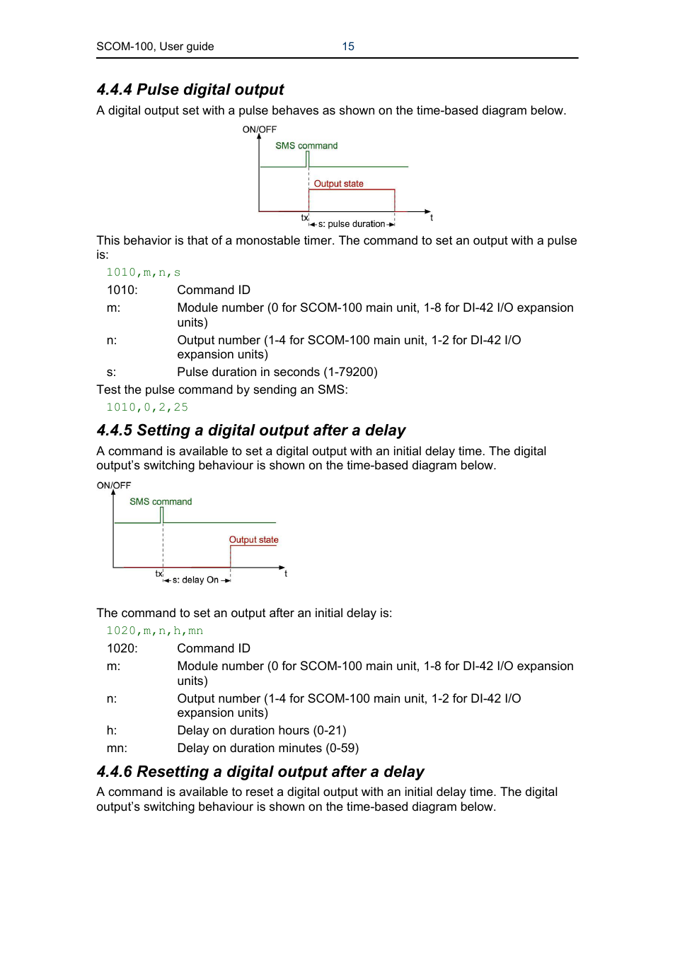 4 pulse digital output, 5 setting a digital output after a delay, 6 resetting a digital output after a delay | Infinite Peripherals SCOM-100 User Manual | Page 15 / 40