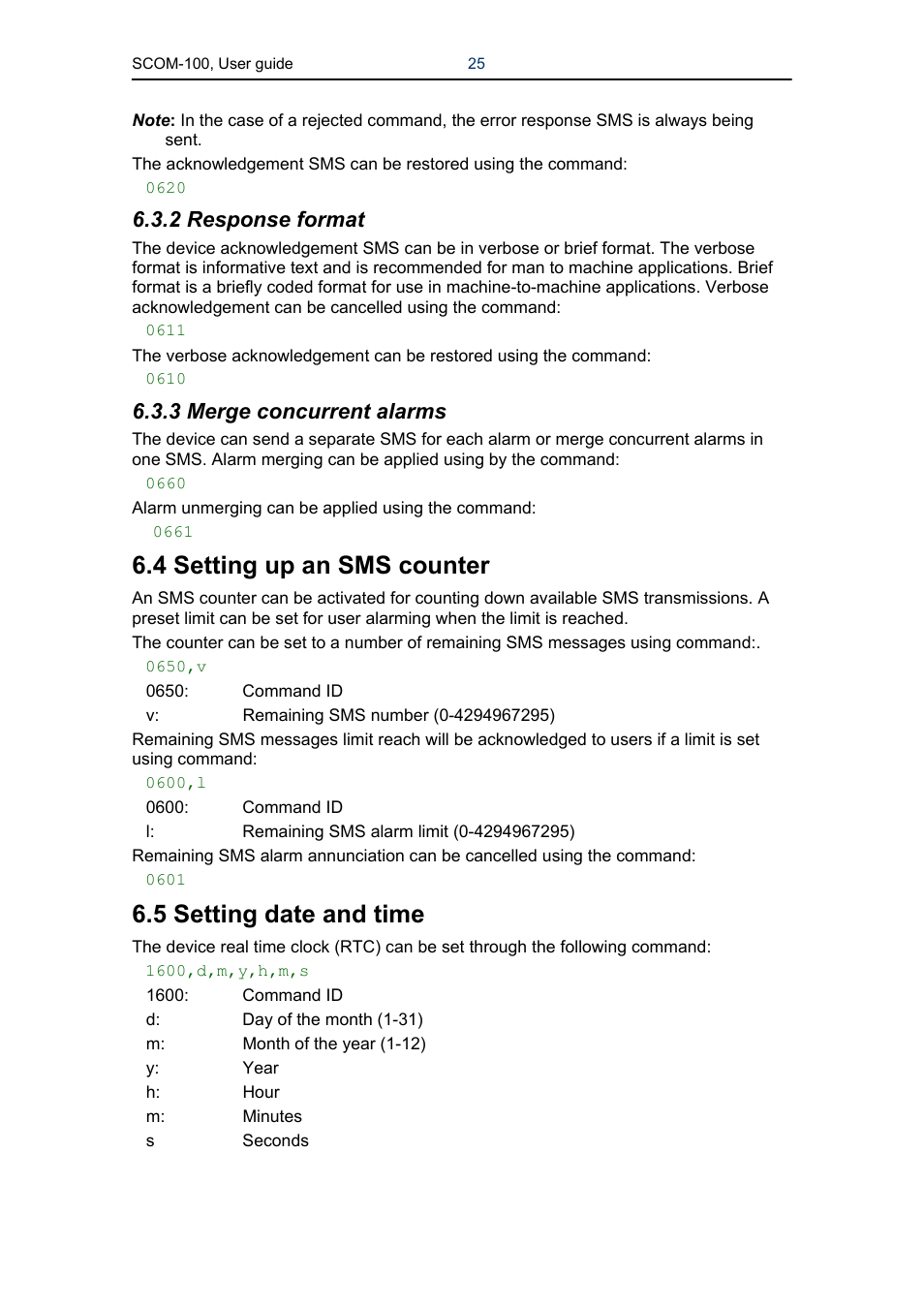 4 setting up an sms counter, 5 setting date and time, 2 response format | 3 merge concurrent alarms | Infinite Peripherals SCOM-100 User Manual | Page 25 / 40
