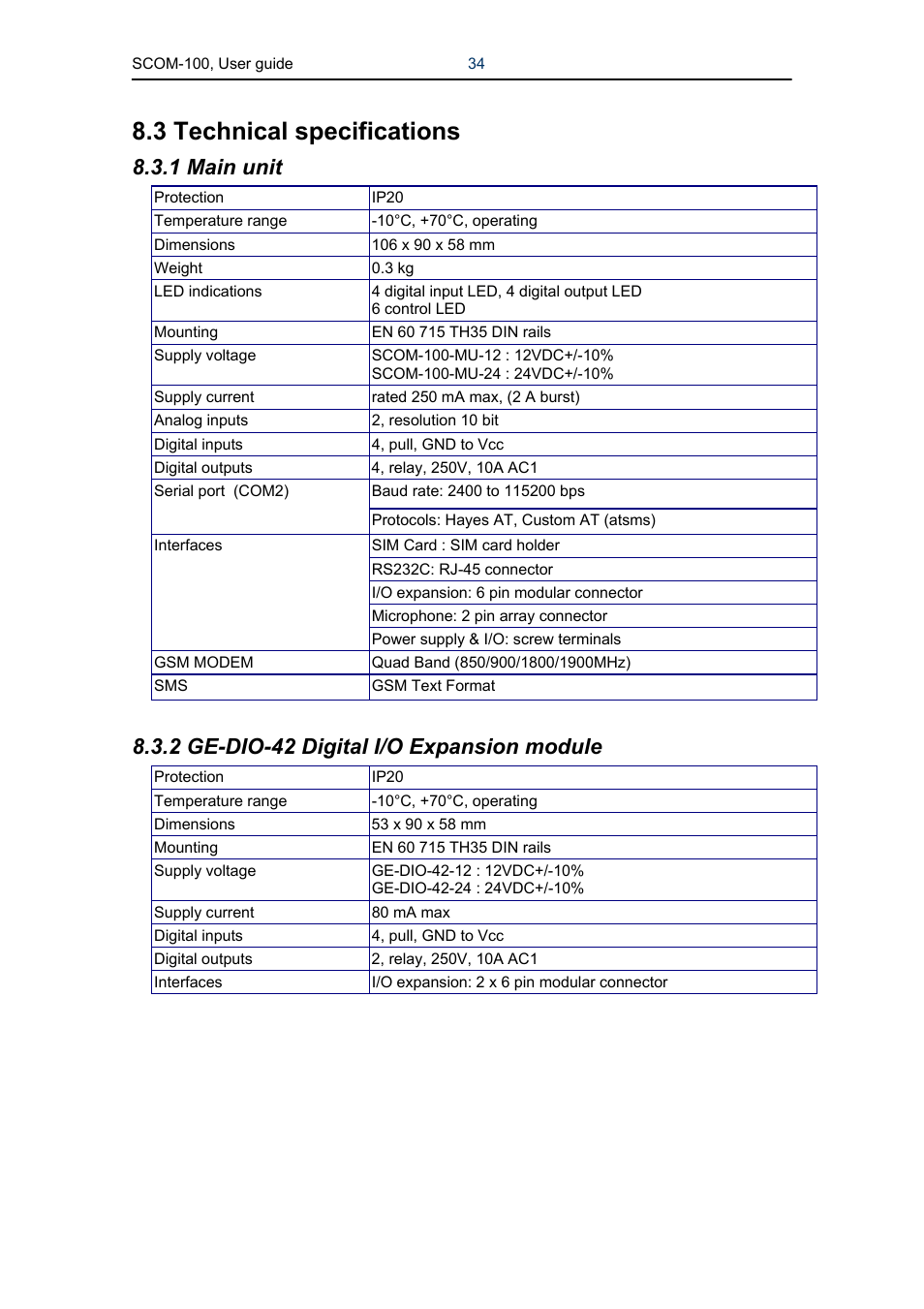 3 technical specifications, 1 main unit, 2 ge-dio-42 digital i/o expansion module | Infinite Peripherals SCOM-100 User Manual | Page 34 / 40