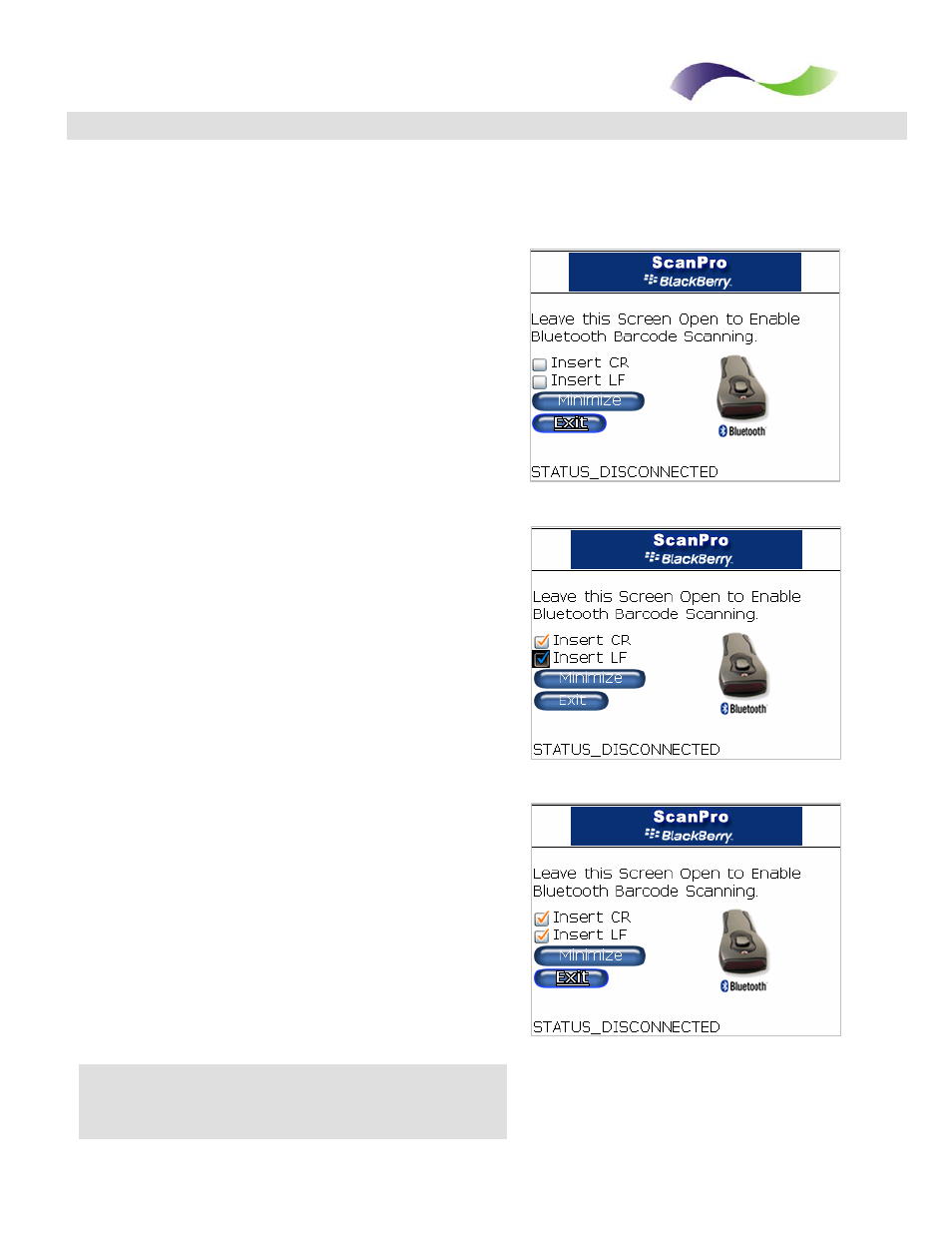 Configuring scanpro, Scanpro settings, Line feed & carriage return option | Minimize option, Exit option | Infinite Peripherals ScanPro BlackBerry User Manual | Page 11 / 19