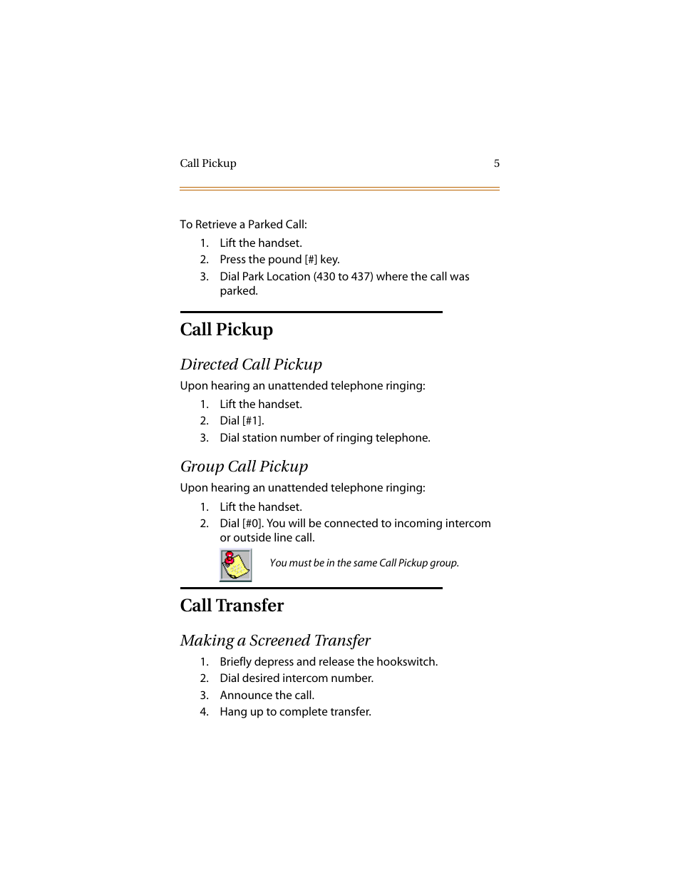 Call pickup, Directed call pickup, Group call pickup | Call transfer, Making a screened transfer, Directed call pickup group call pickup | Infinite Peripherals DVX Plus II/III/IV User Manual | Page 10 / 24