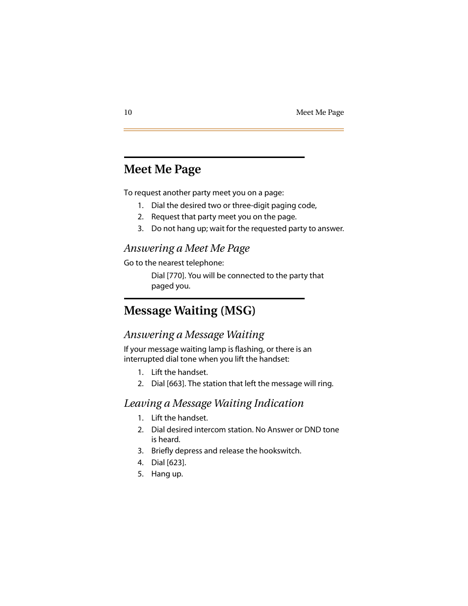 Message waiting (msg), Answering a message waiting, Leaving a message waiting indication | Meet me page | Infinite Peripherals DVX Plus II/III/IV User Manual | Page 15 / 24