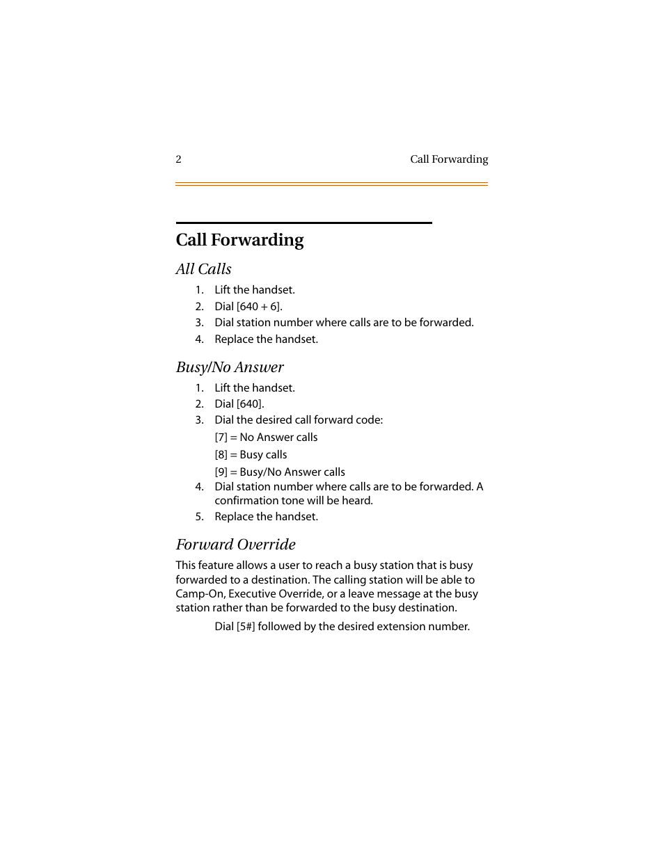 Call forwarding, All calls, Busy/no answer | Forward override, All calls busy/no answer forward override | Infinite Peripherals DVX Plus II/III/IV User Manual | Page 7 / 24