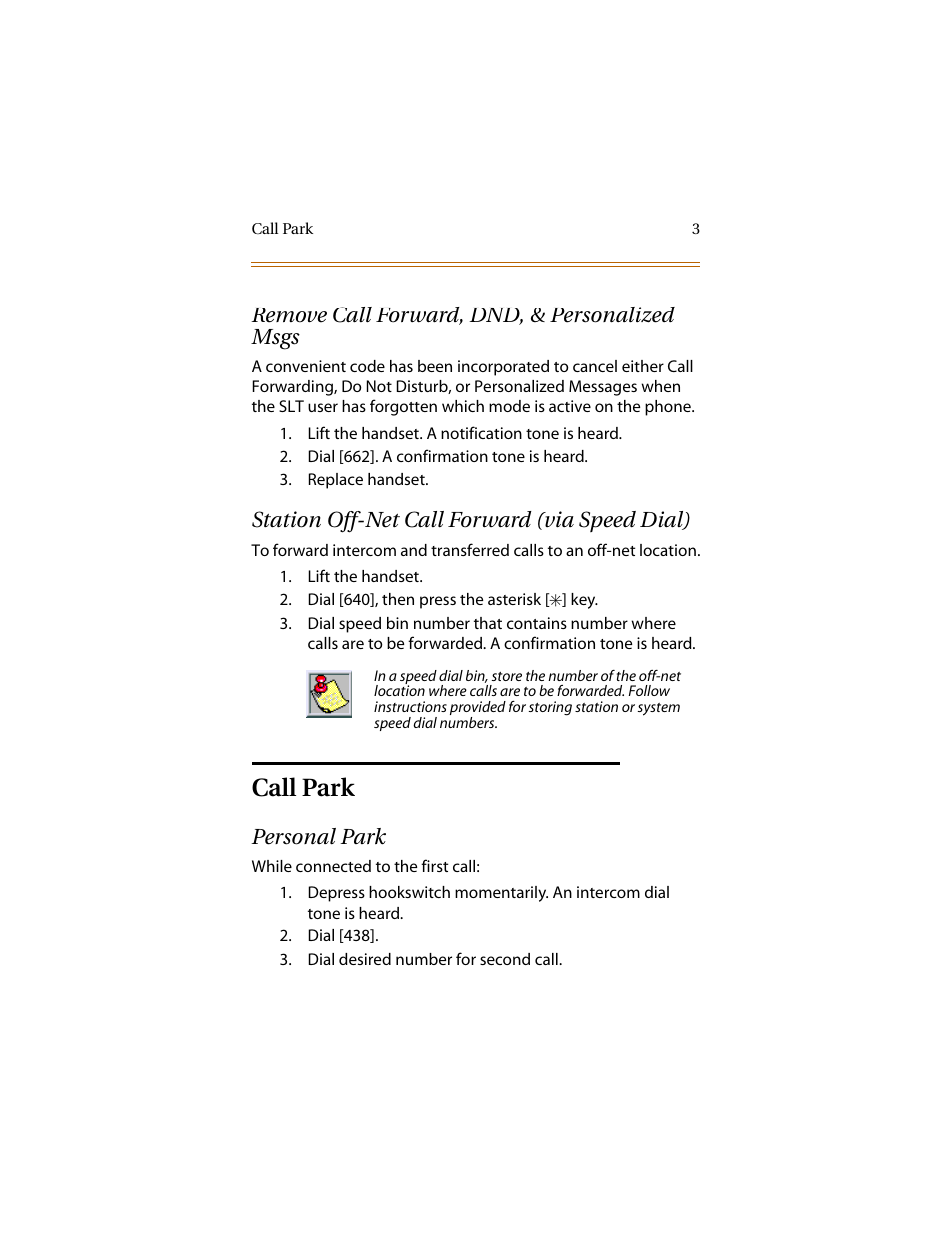 Remove call forward, dnd, & personalized msgs, Station off-net call forward (via speed dial), Call park | Personal park | Infinite Peripherals DVX Plus II/III/IV User Manual | Page 8 / 24